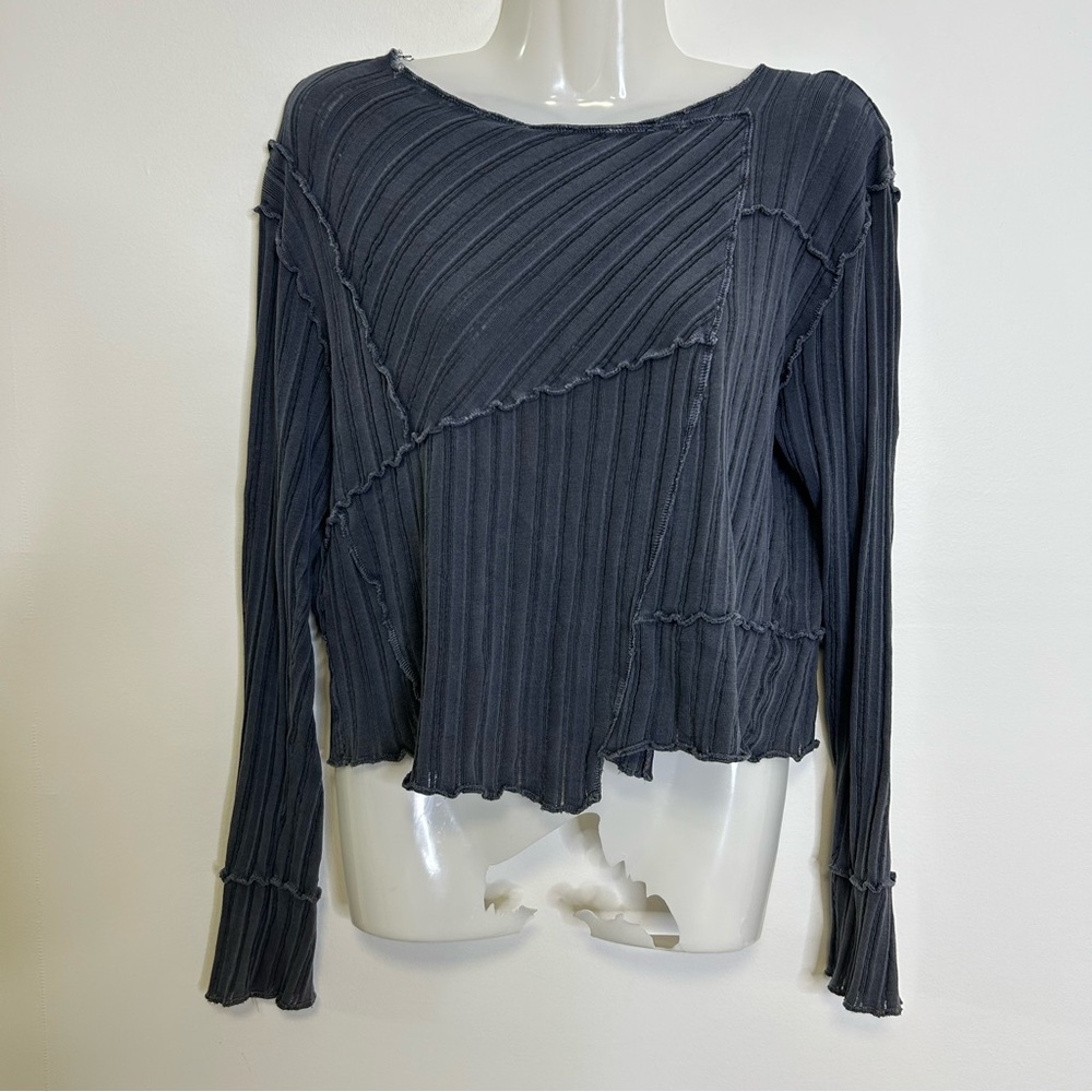◾️Y2K Sandwich Ribbed Long Sleeve Grunge Patchwork Raw Hem Lettuce Trim Top